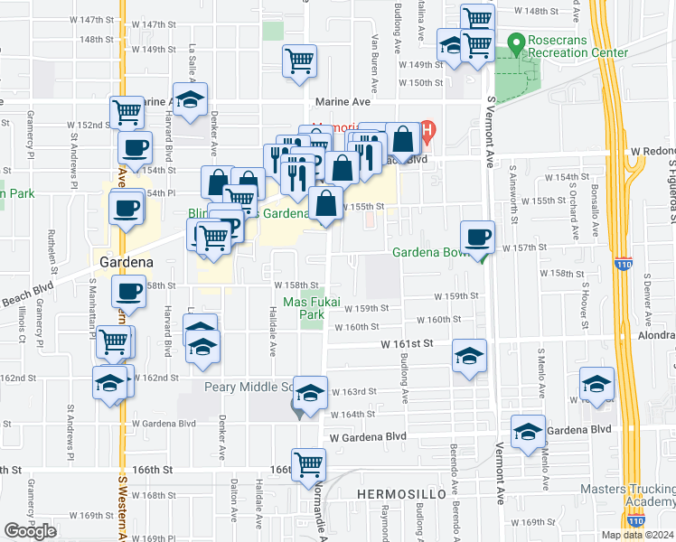 map of restaurants, bars, coffee shops, grocery stores, and more near 15716 Normandie Avenue in Gardena
