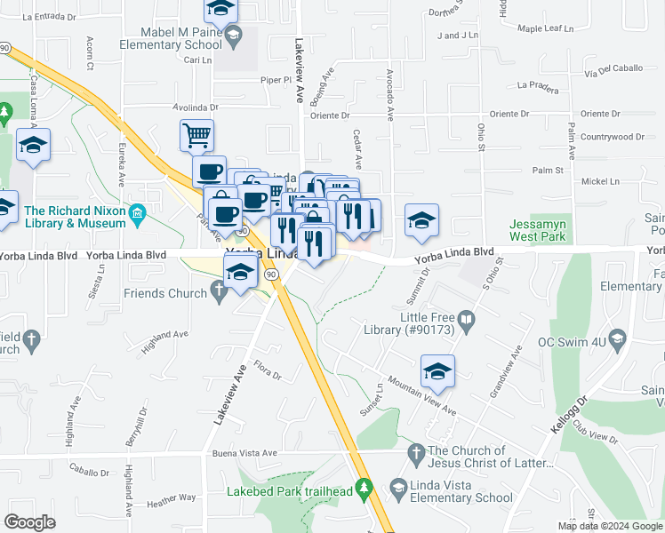 map of restaurants, bars, coffee shops, grocery stores, and more near 18548 Yorba Linda Boulevard in Yorba Linda