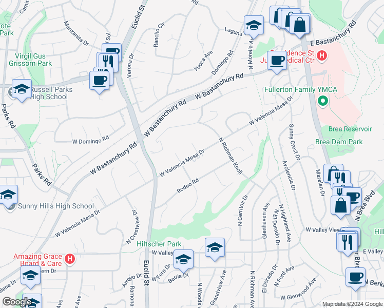 map of restaurants, bars, coffee shops, grocery stores, and more near 1301 Fox Drive in Fullerton