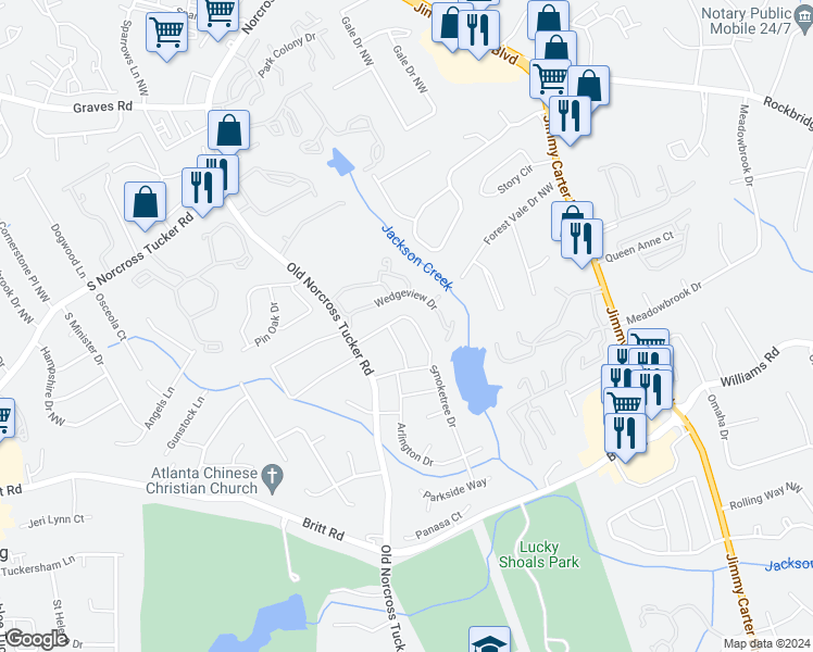 map of restaurants, bars, coffee shops, grocery stores, and more near 6494 Bennington Drive in Tucker