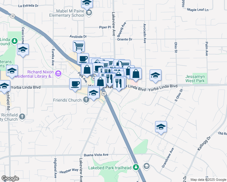 map of restaurants, bars, coffee shops, grocery stores, and more near 4416 Lakeview Avenue in Yorba Linda
