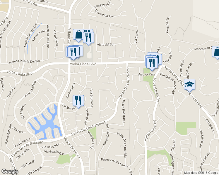 map of restaurants, bars, coffee shops, grocery stores, and more near 20653 Punto De Vista in Yorba Linda