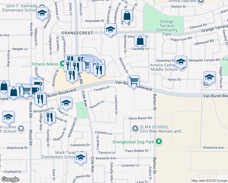 map of restaurants, bars, coffee shops, grocery stores, and more near 9047 Limecrest Drive in Riverside