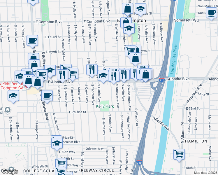 map of restaurants, bars, coffee shops, grocery stores, and more near 1003 S Castlegate Ave in Compton