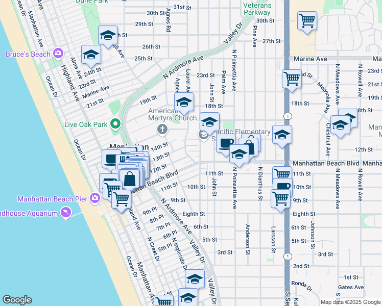 map of restaurants, bars, coffee shops, grocery stores, and more near 4 Arbolado Court in Manhattan Beach