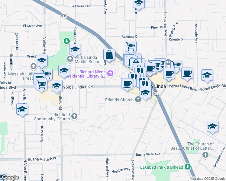 map of restaurants, bars, coffee shops, grocery stores, and more near 18076 Burke Lane in Yorba Linda