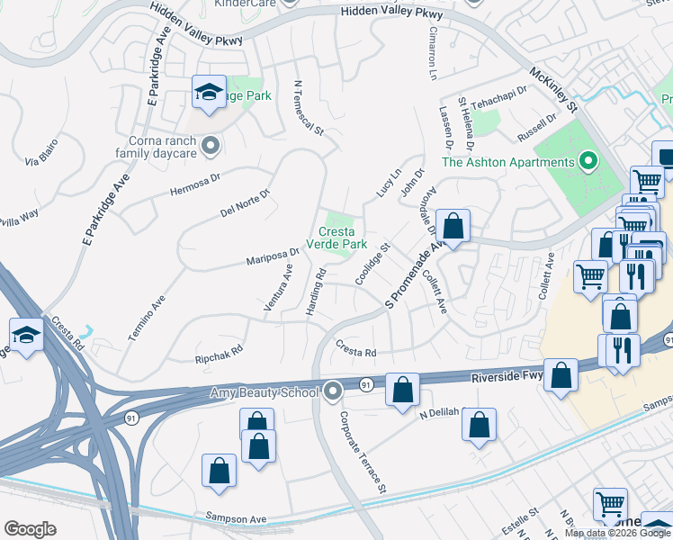 map of restaurants, bars, coffee shops, grocery stores, and more near 637 Brianna Way in Corona