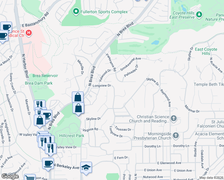 map of restaurants, bars, coffee shops, grocery stores, and more near 1512 Longview Drive in Fullerton