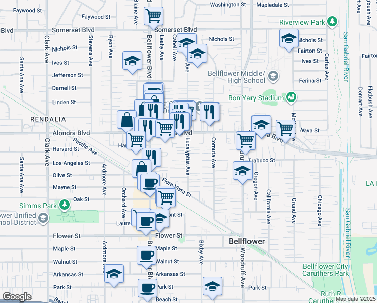 map of restaurants, bars, coffee shops, grocery stores, and more near 16123 Eucalyptus Avenue in Bellflower