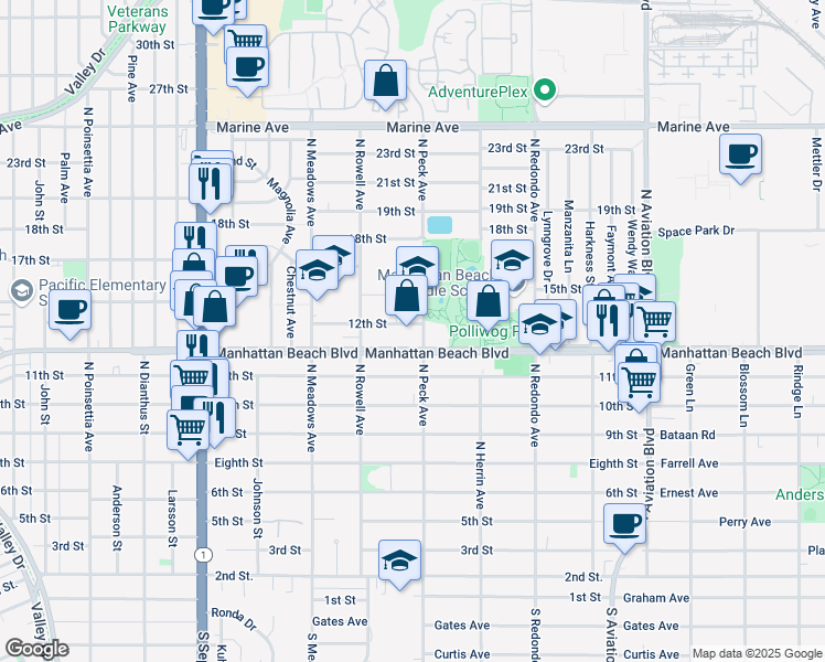 map of restaurants, bars, coffee shops, grocery stores, and more near 1151 North Peck Avenue in Manhattan Beach