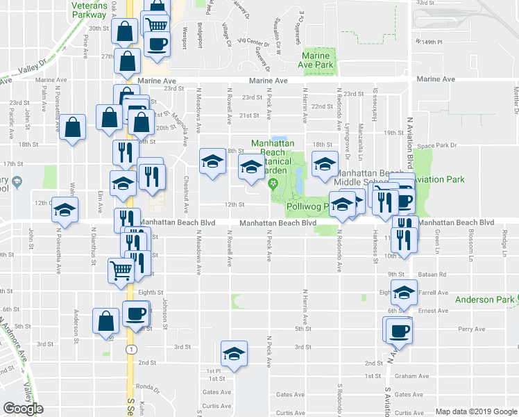 map of restaurants, bars, coffee shops, grocery stores, and more near 1151 North Peck Avenue in Manhattan Beach