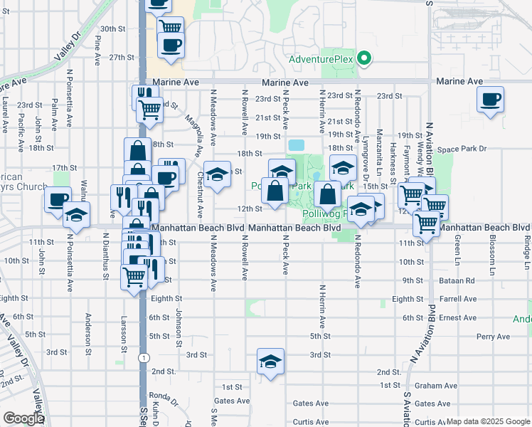map of restaurants, bars, coffee shops, grocery stores, and more near 1420 12th Street in Manhattan Beach