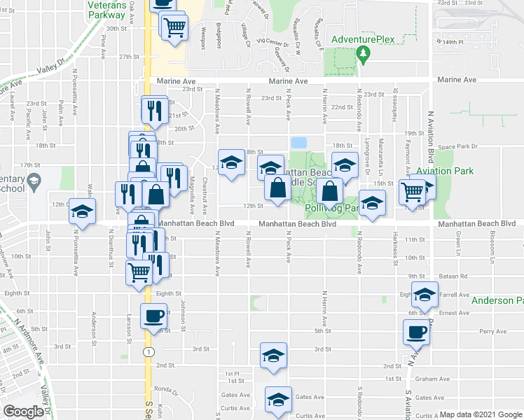 map of restaurants, bars, coffee shops, grocery stores, and more near 1420 12th Street in Manhattan Beach