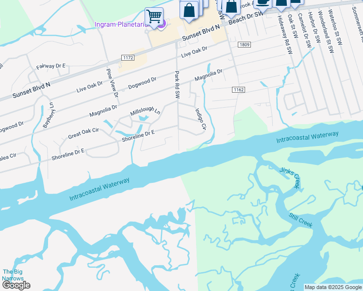 map of restaurants, bars, coffee shops, grocery stores, and more near 1135 Park Road Southwest in Sunset Beach
