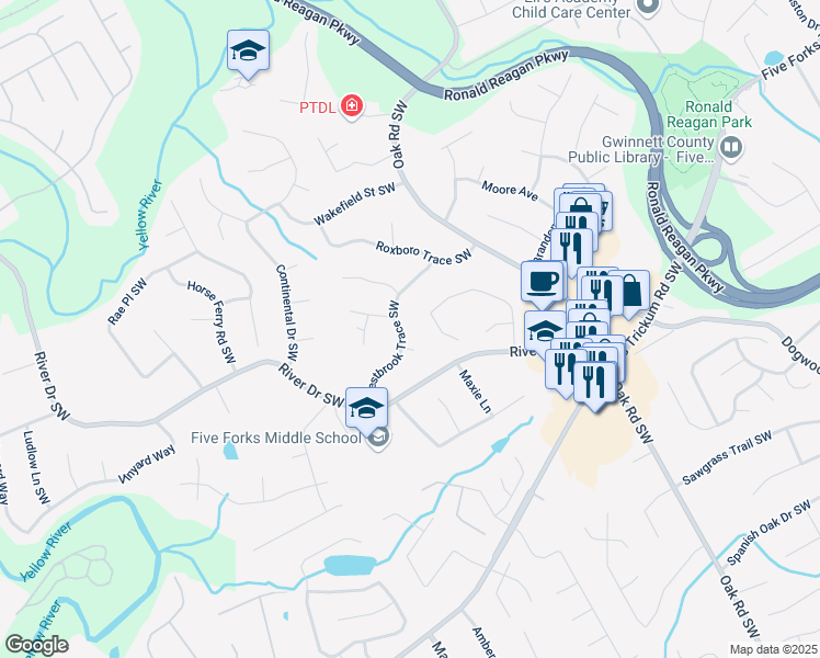map of restaurants, bars, coffee shops, grocery stores, and more near 3182 Westbrook Trace Southwest in Lawrenceville
