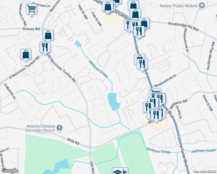 map of restaurants, bars, coffee shops, grocery stores, and more near 6340 Wedgeview Drive in Tucker