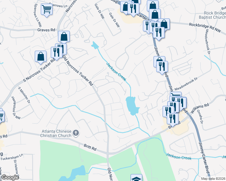 map of restaurants, bars, coffee shops, grocery stores, and more near 6494 Bennington Drive in Tucker