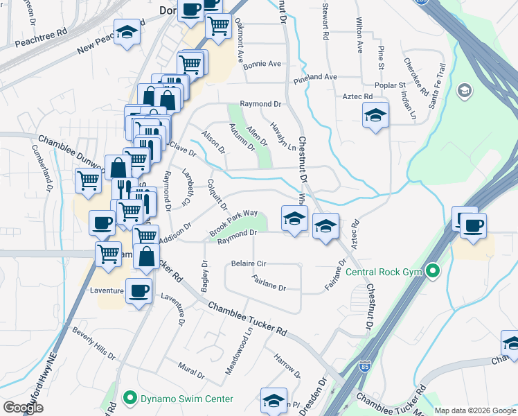 map of restaurants, bars, coffee shops, grocery stores, and more near 2694 Brook Park Way in Doraville