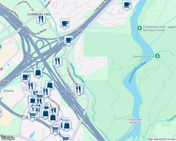 map of restaurants, bars, coffee shops, grocery stores, and more near 3645 Chattahoochee Summit Drive Southeast in Atlanta