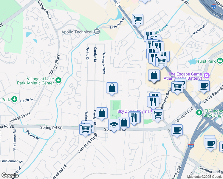 map of restaurants, bars, coffee shops, grocery stores, and more near 2551 Park Road in Smyrna