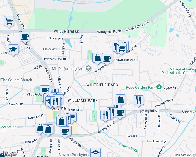 map of restaurants, bars, coffee shops, grocery stores, and more near 1039 Windy Oaks Court in Smyrna