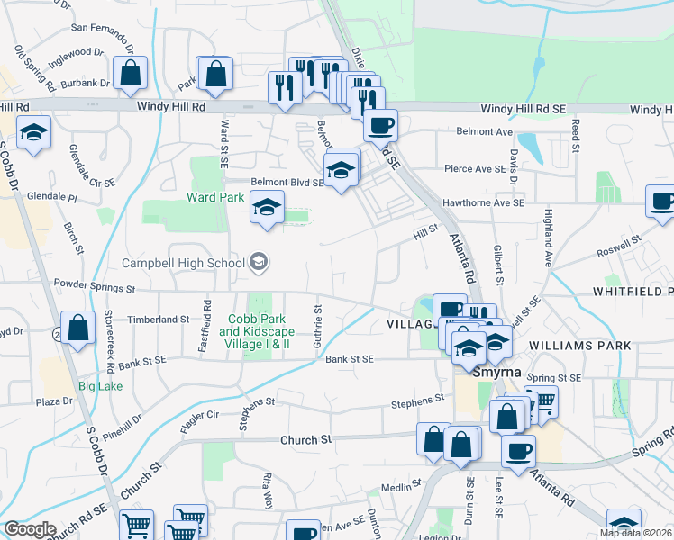 map of restaurants, bars, coffee shops, grocery stores, and more near 2661 Grady Street in Smyrna