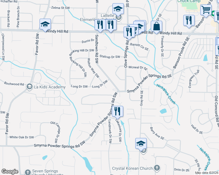 map of restaurants, bars, coffee shops, grocery stores, and more near 2692 Walton Way Southwest in Marietta