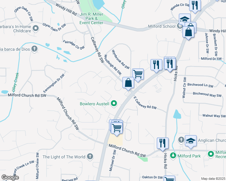 map of restaurants, bars, coffee shops, grocery stores, and more near 2660 Windage Drive Southwest in Marietta