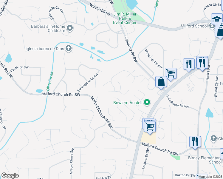 map of restaurants, bars, coffee shops, grocery stores, and more near 1354 Windage Court Southwest in Marietta
