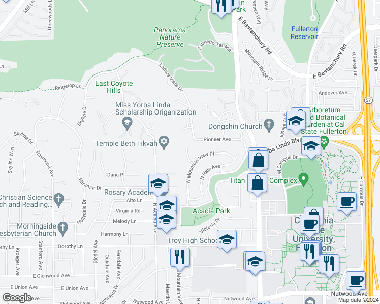 map of restaurants, bars, coffee shops, grocery stores, and more near 1928 Dana Place in Fullerton