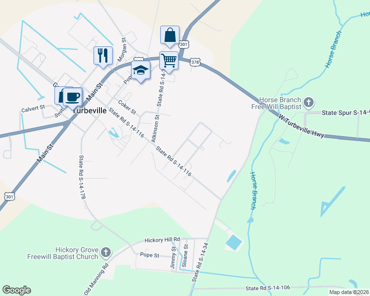 map of restaurants, bars, coffee shops, grocery stores, and more near 1150 Dogwood Street in Turbeville