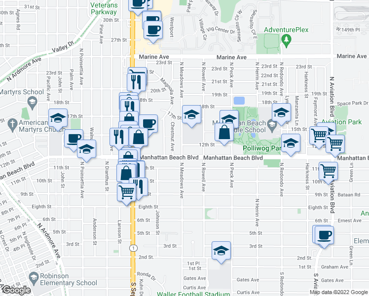 map of restaurants, bars, coffee shops, grocery stores, and more near 1163 North Meadows Avenue in Manhattan Beach