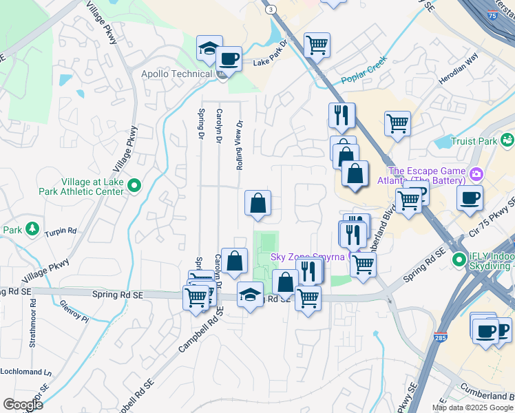 map of restaurants, bars, coffee shops, grocery stores, and more near 2551 Park Road in Smyrna