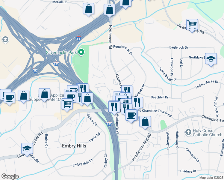 map of restaurants, bars, coffee shops, grocery stores, and more near 3335 Stonecrest Court in Atlanta