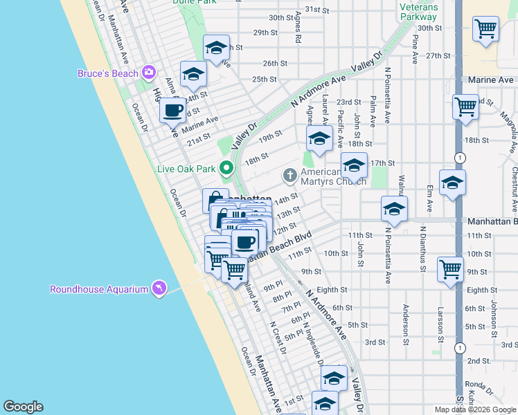 map of restaurants, bars, coffee shops, grocery stores, and more near 505 14th Street in Manhattan Beach