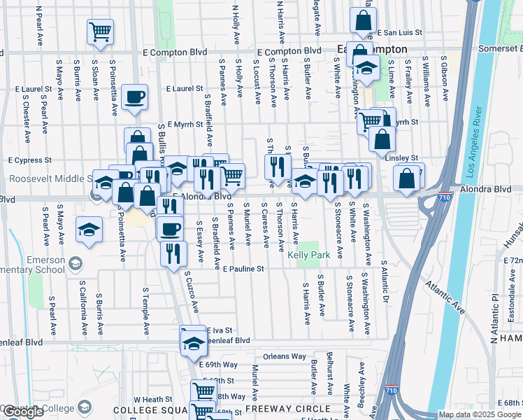 map of restaurants, bars, coffee shops, grocery stores, and more near 15947 South Caress Avenue in Compton