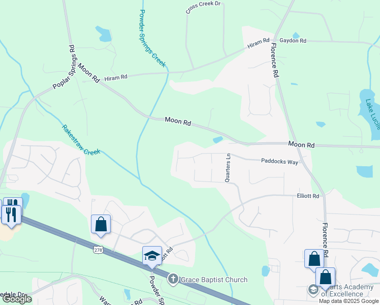 map of restaurants, bars, coffee shops, grocery stores, and more near 1422 Paddocks Way in Powder Springs