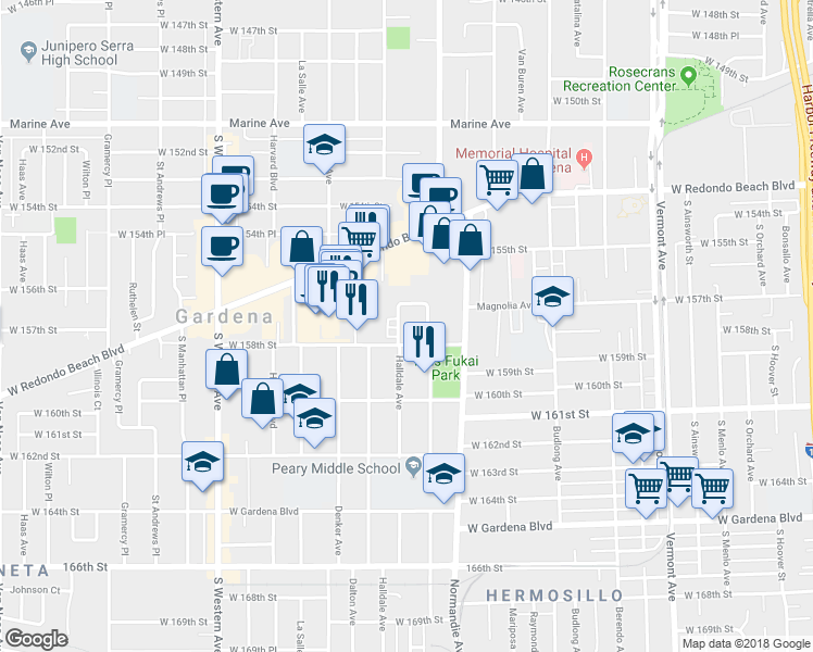 map of restaurants, bars, coffee shops, grocery stores, and more near 15718 Halldale Avenue in Gardena