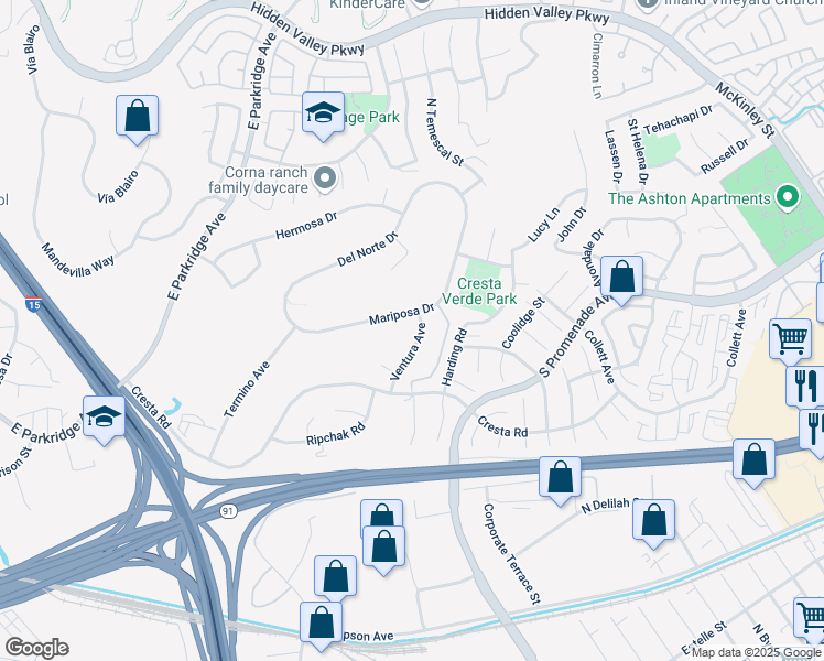 map of restaurants, bars, coffee shops, grocery stores, and more near 556 Ventura Avenue in Corona