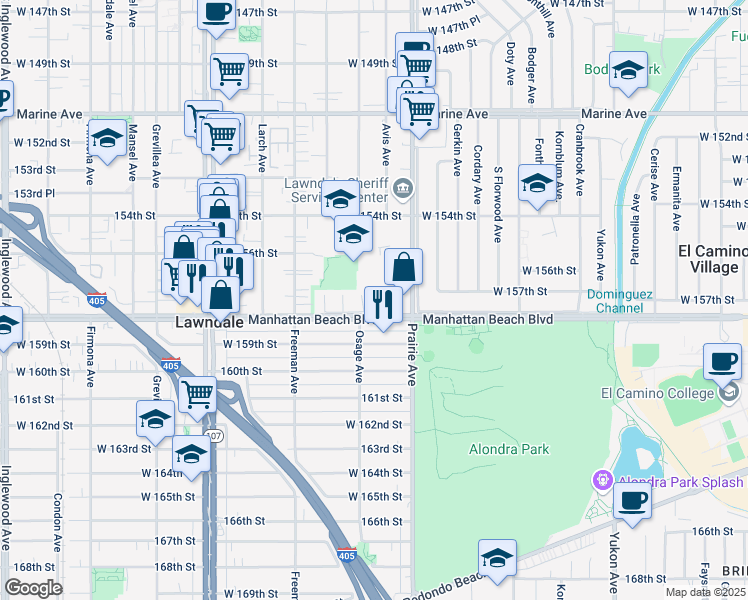 map of restaurants, bars, coffee shops, grocery stores, and more near 15713 Avis Avenue in Lawndale