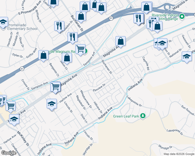 map of restaurants, bars, coffee shops, grocery stores, and more near 3700 Buchanan Street in Riverside