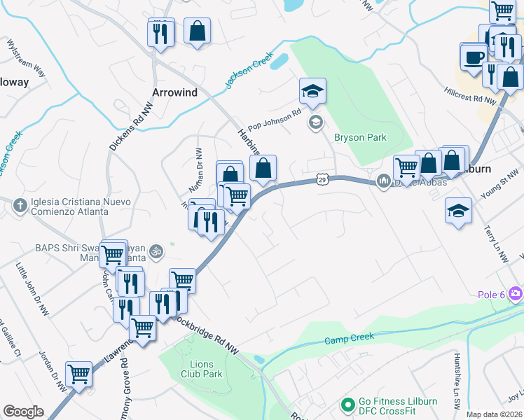 map of restaurants, bars, coffee shops, grocery stores, and more near 5274 Lawrenceville Highway in Lilburn