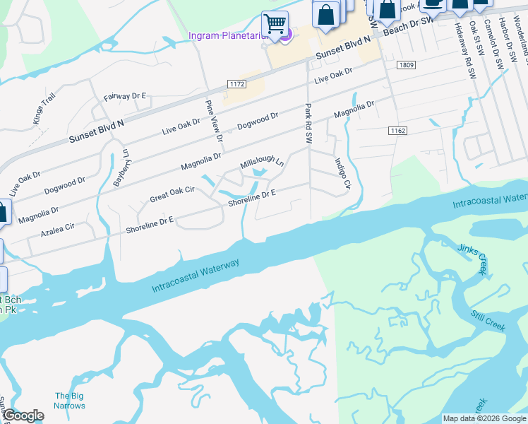 map of restaurants, bars, coffee shops, grocery stores, and more near 703 Waterway Drive in Sunset Beach