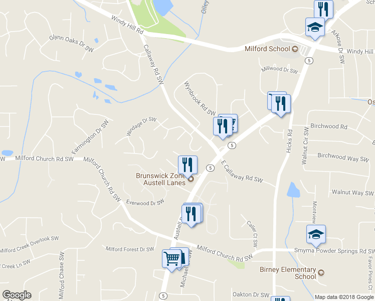 map of restaurants, bars, coffee shops, grocery stores, and more near 2660 Windage Drive Southwest in Marietta