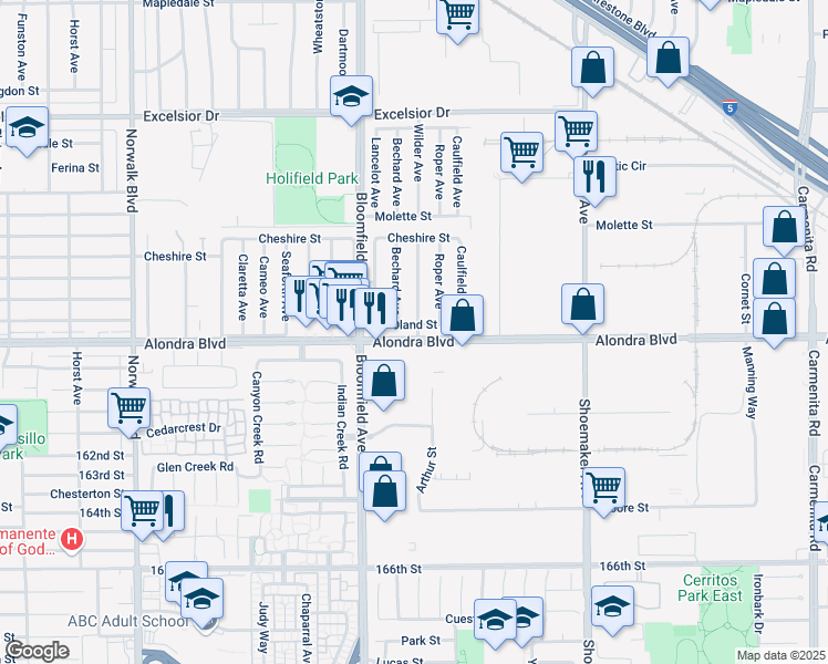 map of restaurants, bars, coffee shops, grocery stores, and more near 12646 Oland Street in Norwalk