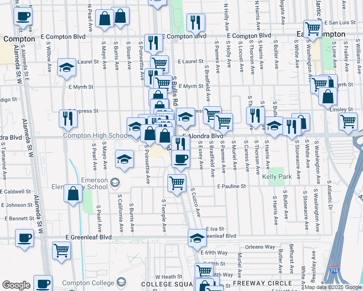 map of restaurants, bars, coffee shops, grocery stores, and more near 15922 South Bullis Road in Compton