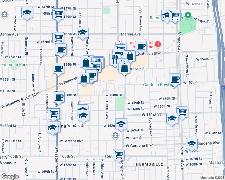map of restaurants, bars, coffee shops, grocery stores, and more near 15717 Brighton Avenue in Gardena