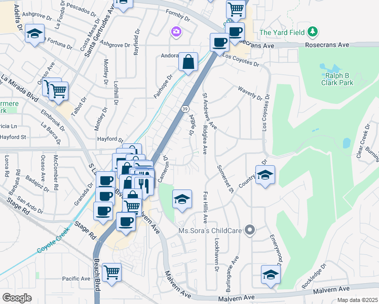 map of restaurants, bars, coffee shops, grocery stores, and more near 8233 Graham Green in Buena Park