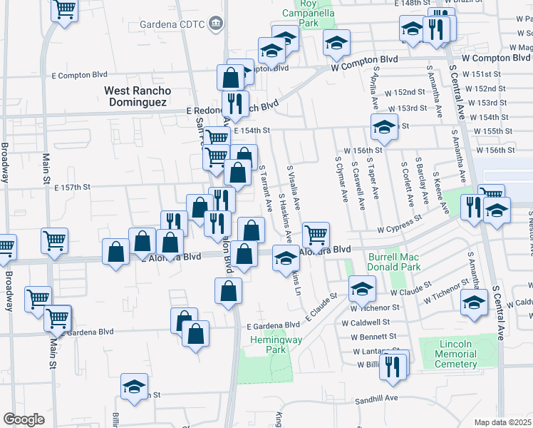 map of restaurants, bars, coffee shops, grocery stores, and more near 15743 South Tarrant Avenue in Compton