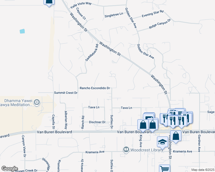 map of restaurants, bars, coffee shops, grocery stores, and more near 16464 Rancho Escondido Drive in Riverside